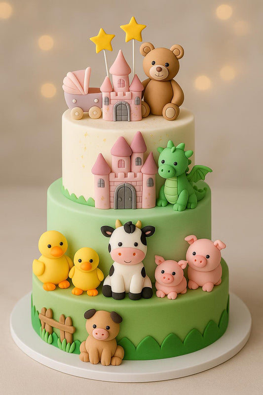 Three-tiered fondant cake decorated with baby-themed toppers, fairy tale figures, and farm animals – each tier with a different cake decorating theme