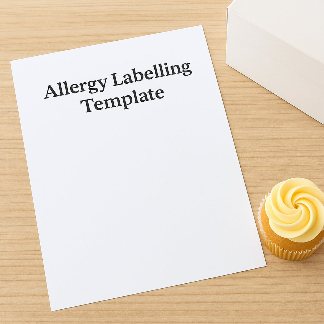 A printed Allergy Labelling Template with only the title showing, placed on a wood surface next to a cupcake and a white cake box.