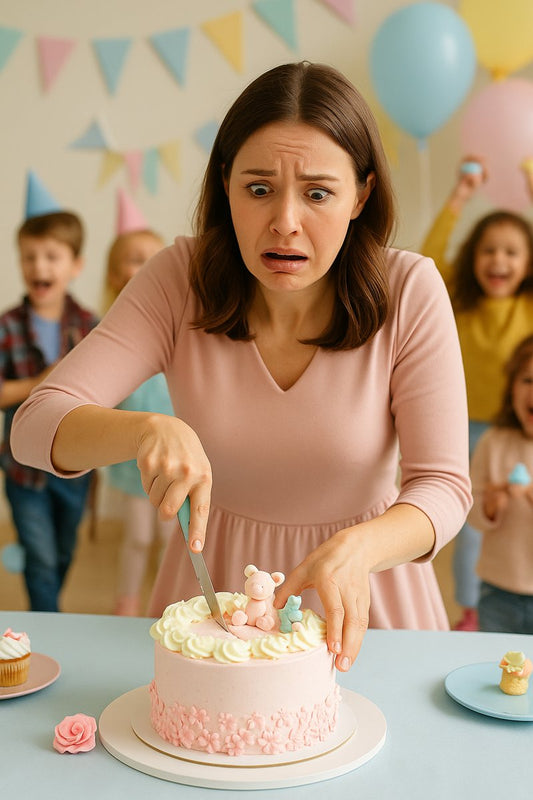 Confused woman cutting a pink birthday cake with fondant teddy bear toppers at a children’s party