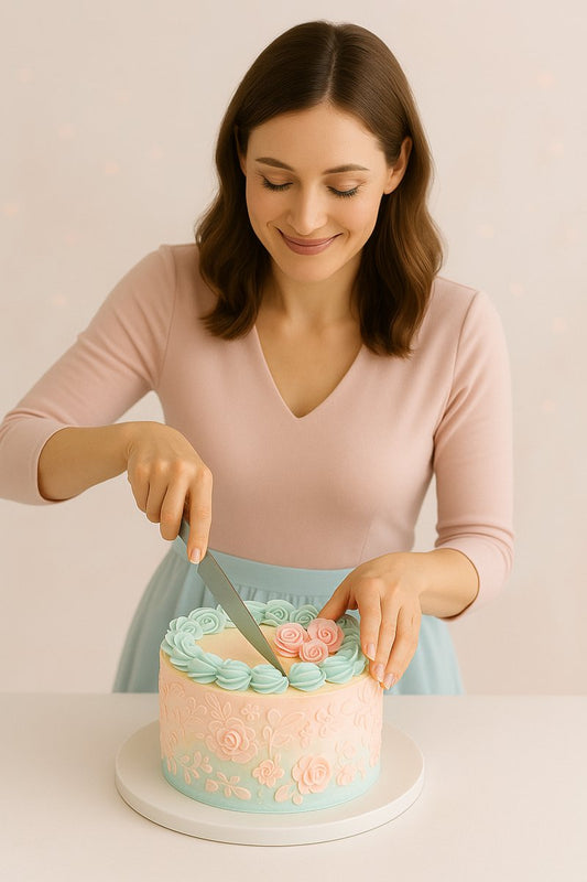 A soft, feminine photo of a smiling woman carefully slicing a beautifully decorated pink cake, styled with elegant tones for a cake cutting guide.