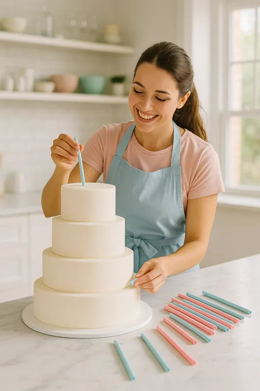 A smiling cake decorator places a blue dowel into a tall four-tier wedding cake, with pink and blue dowels arranged on the marble counter around her.