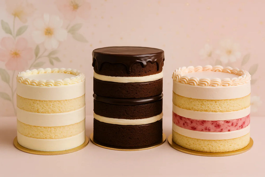 Three tall, elegant cakes displayed in front of a soft floral pink backdrop, each showing distinct layer fillings: vanilla buttercream, rich chocolate ganache, and strawberry cream.