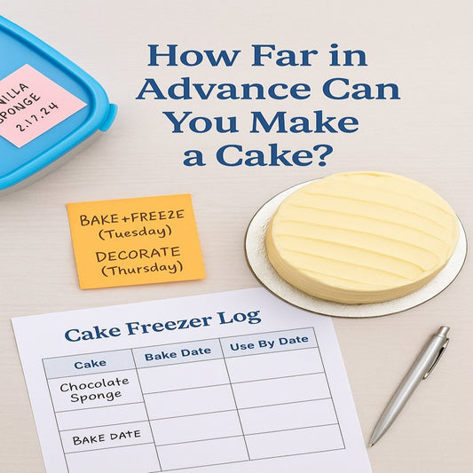 Flat lay of a frosted cake, labeled freezer container, sticky notes with baking schedule, and a printed cake freezer log sheet on a wooden surface.