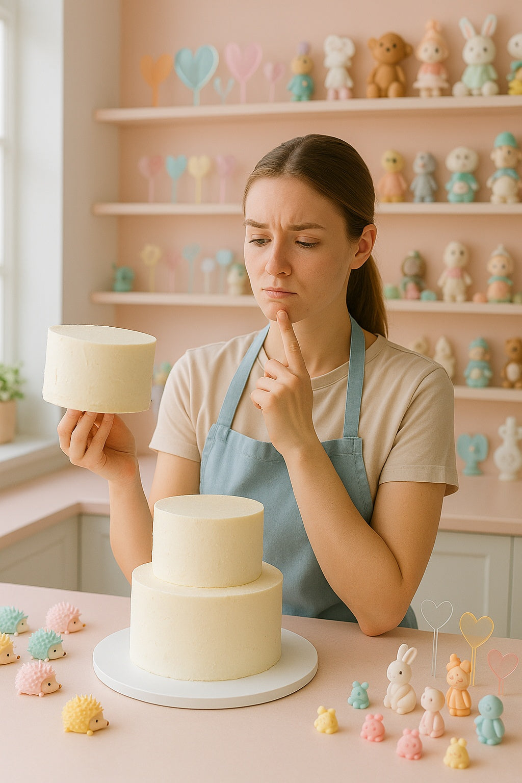 A young female cake maker holding the top tier of a cake, thoughtfully deciding whether to stack it now or on-site, in a pastel-themed bakery with fondant figures and hedgehog decorations on the table.
