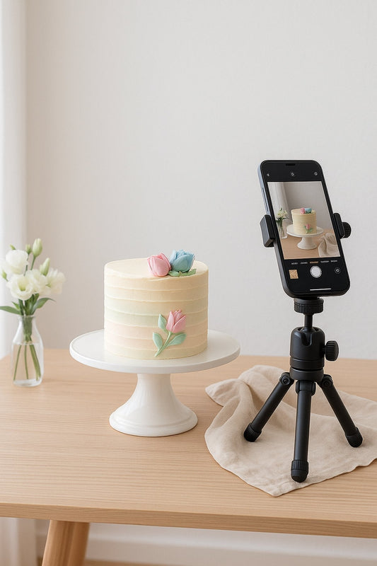 Cake photography setup near a window with natural light, white background, and phone on tripod – perfect for home bakers.