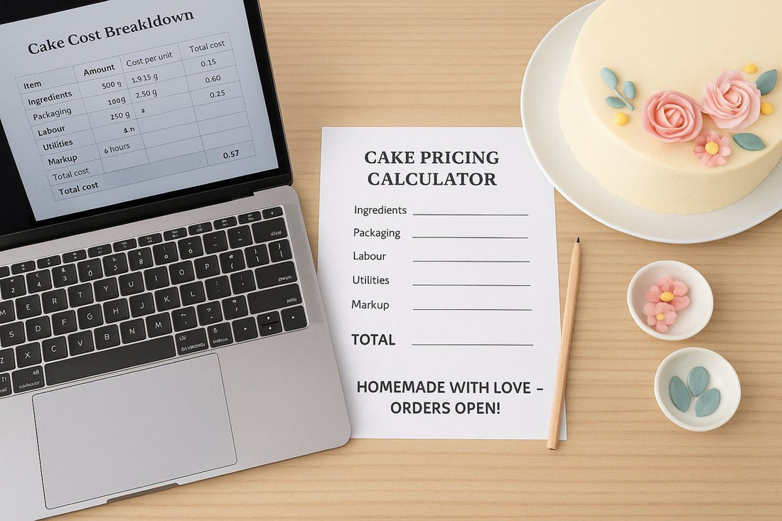 A cake pricing setup with a laptop showing a cost breakdown spreadsheet, a printed calculator sheet, a fondant-decorated cake, and sugar flowers on a wooden surface.