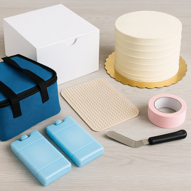 Essential tools for safe cake transport including a cake box, cooler bag, non-slip mat, ice packs, and a buttercream cake on a gold board.