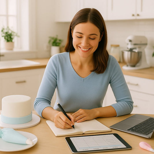 A smiling woman in a light kitchen reviews her weekly cake planner surrounded by baking tools and notes, representing organised cake planning.