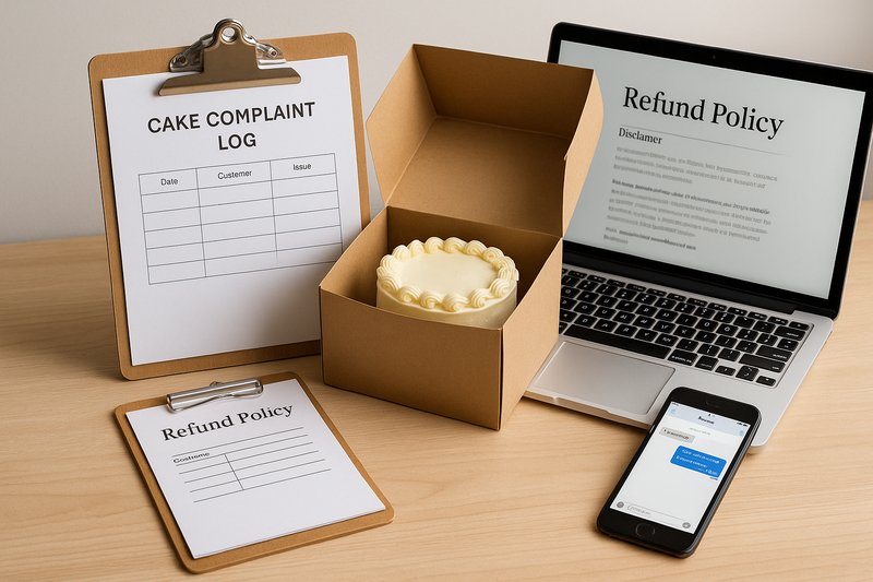 Customer complaint management setup in cake business – clipboard, refund policy, boxed cake and positive feedback