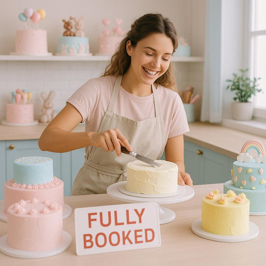 A cheerful female cake decorator in a pastel kitchen smiles while frosting a cake, surrounded by colourful finished cakes and a sign that reads "Fully Booked