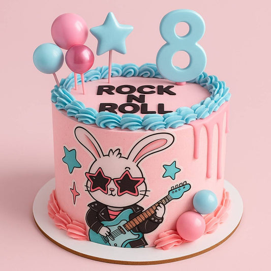 Pink birthday cake with a printed icing sheet featuring a cartoon bunny with a guitar and colourful decorations