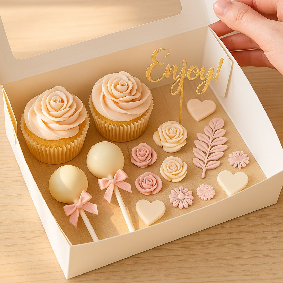 An elegant box of leftover cake treats including rose cupcakes, pastel cake pops, and fondant flowers, styled for gifting.