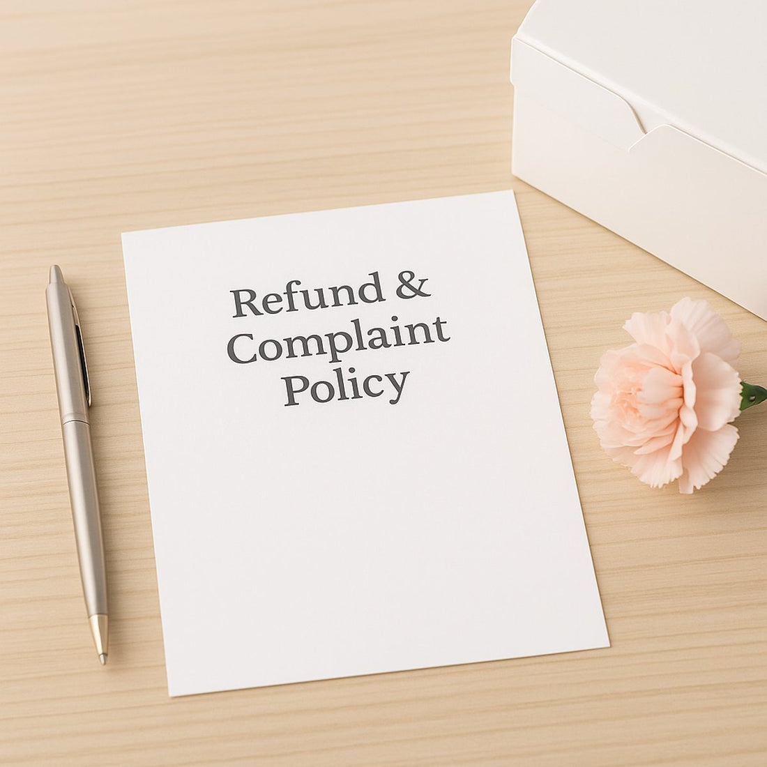 A printed refund and complaint policy form with a pen and fondant rose, styled neatly for a professional cake business.