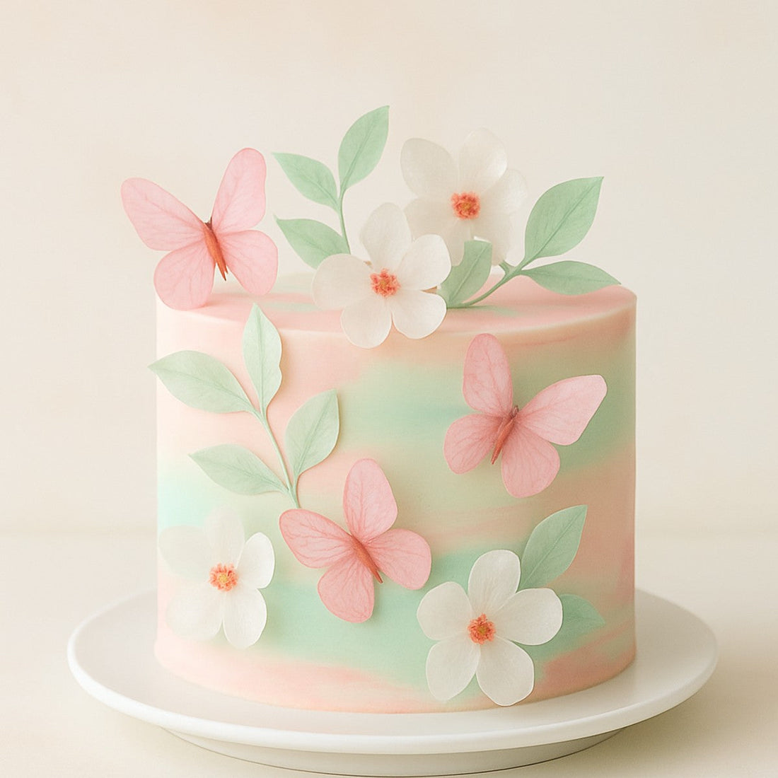 Pastel buttercream cake decorated with wafer paper butterflies, flowers, and leaves