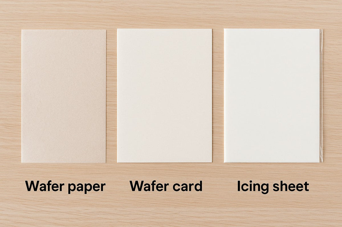 Visual comparison of wafer paper, wafer card, and icing sheet used in cake decorating, displayed on a wooden surface
