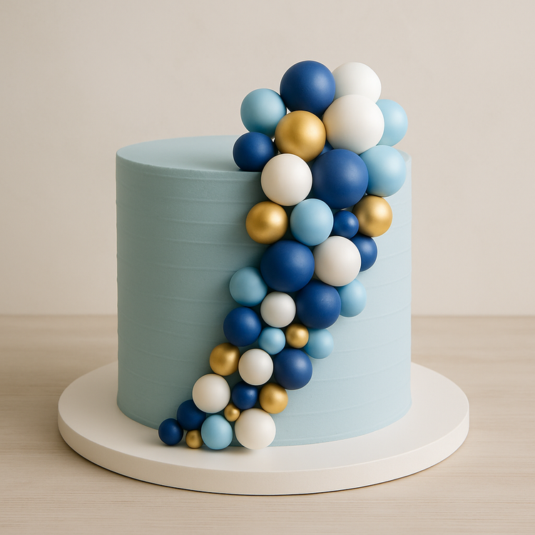 Modern birthday cake decorated with vibrant non-edible balloon balls in a minimalist style