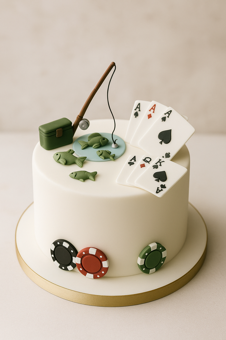 A single-tier cake with fondant decorations inspired by card games and fishing, showcasing popular hobbies in a playful way.