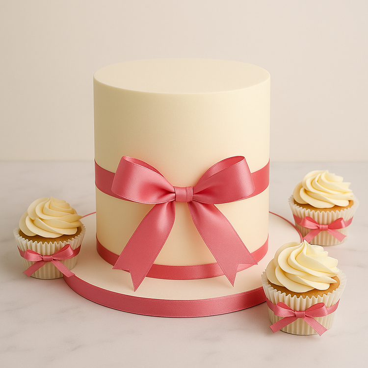 Elegant cake decorated with a stylish cake ribbon around the cake board, perfect for birthdays, weddings, and special occasions.