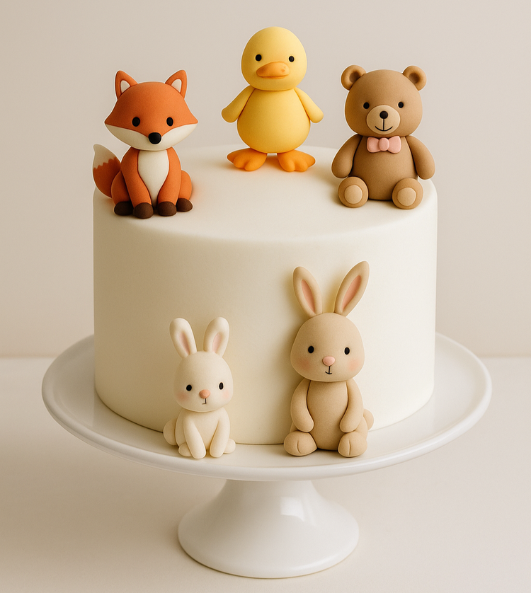 Cake with animal-themed decorations, including edible sugar figures and non-edible cake toppers.