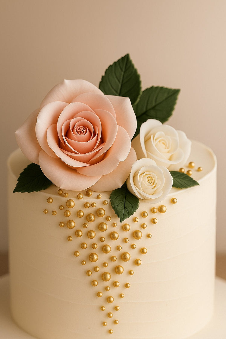 Elegant cake with sugar roses and gold accents – Makai Cake Decorating Supplies UK