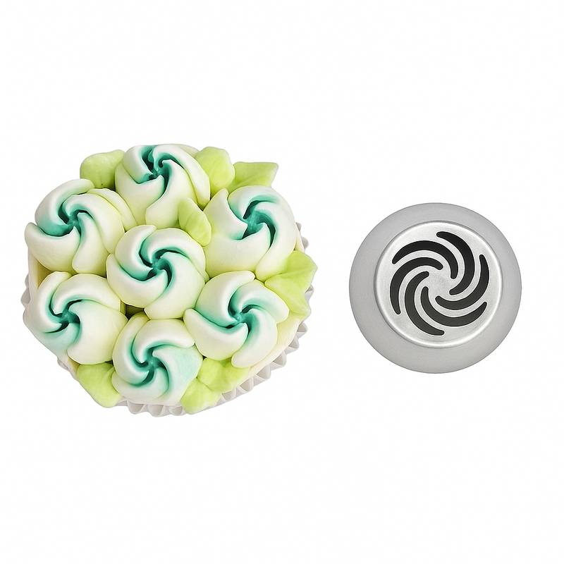 Russian piping tip with a cupcake decorated in white and teal swirl buttercream flowers with a pinwheel design