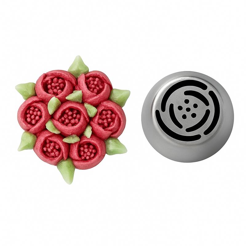 Russian piping tip with a textured rose pattern, creating buttercream flowers with detailed centers and leafy accents.