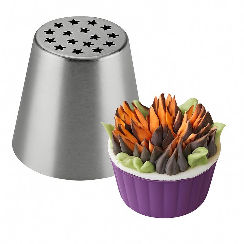 Russian piping tip with star-shaped openings, creating spiky buttercream petals in vibrant orange and purple tones with green leaves.