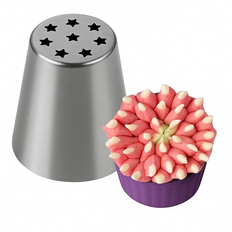 Russian piping tip with star-shaped cutouts, creating pompom-style buttercream flowers with pointy petals in soft pink and white tones