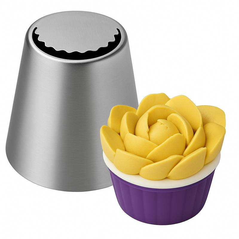 Stainless steel Russian piping tip with a cupcake topped with golden yellow peony-style buttercream petals.