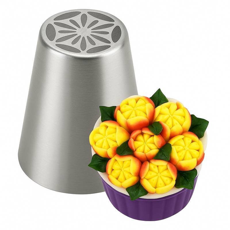 Russian piping tip with long petal openings, creating compact yellow and orange buttercream flowers with green leaves.