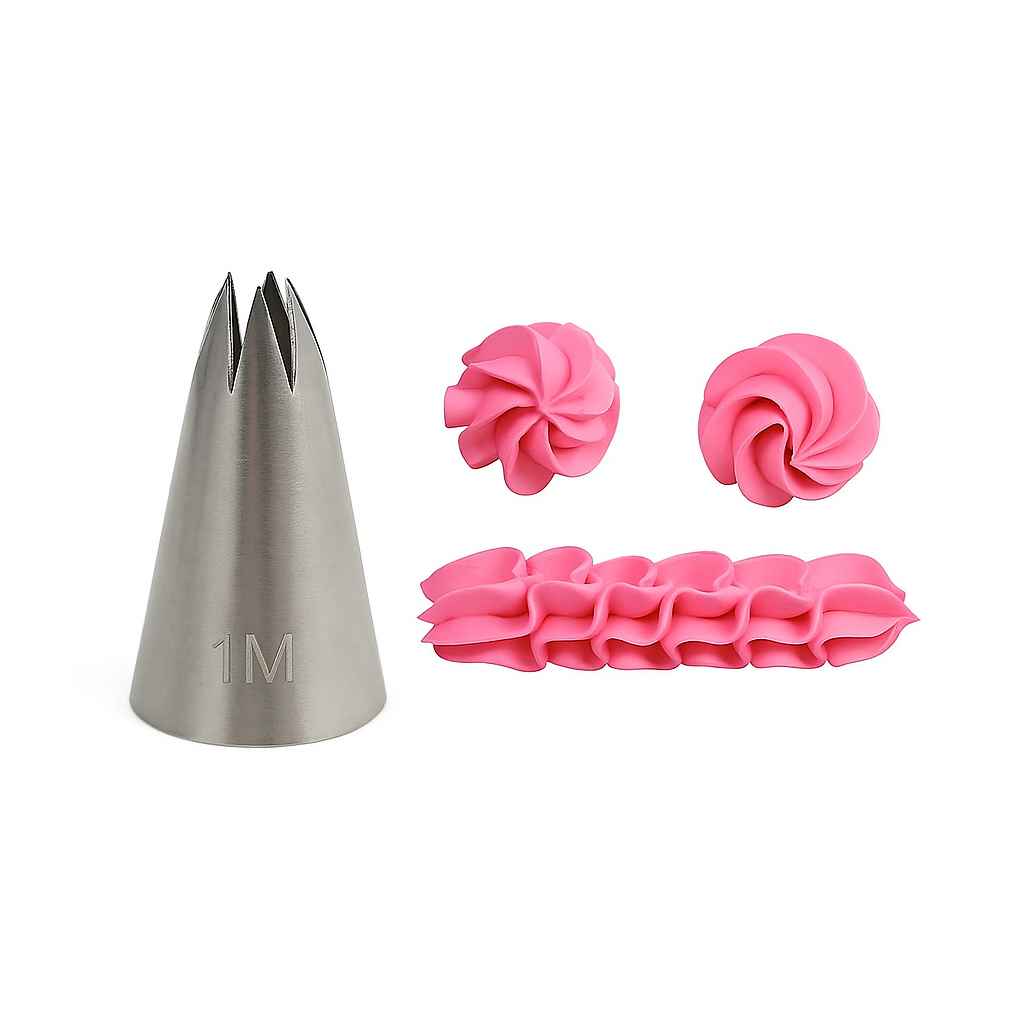 Stainless steel 1M piping tip nozzle with open star shape, displayed next to pink buttercream swirls.