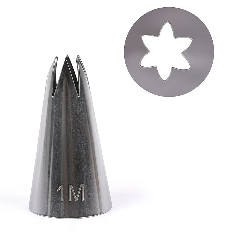 Stainless steel 1M piping tip nozzle with open star shape, displayed next to pink buttercream swirls.
