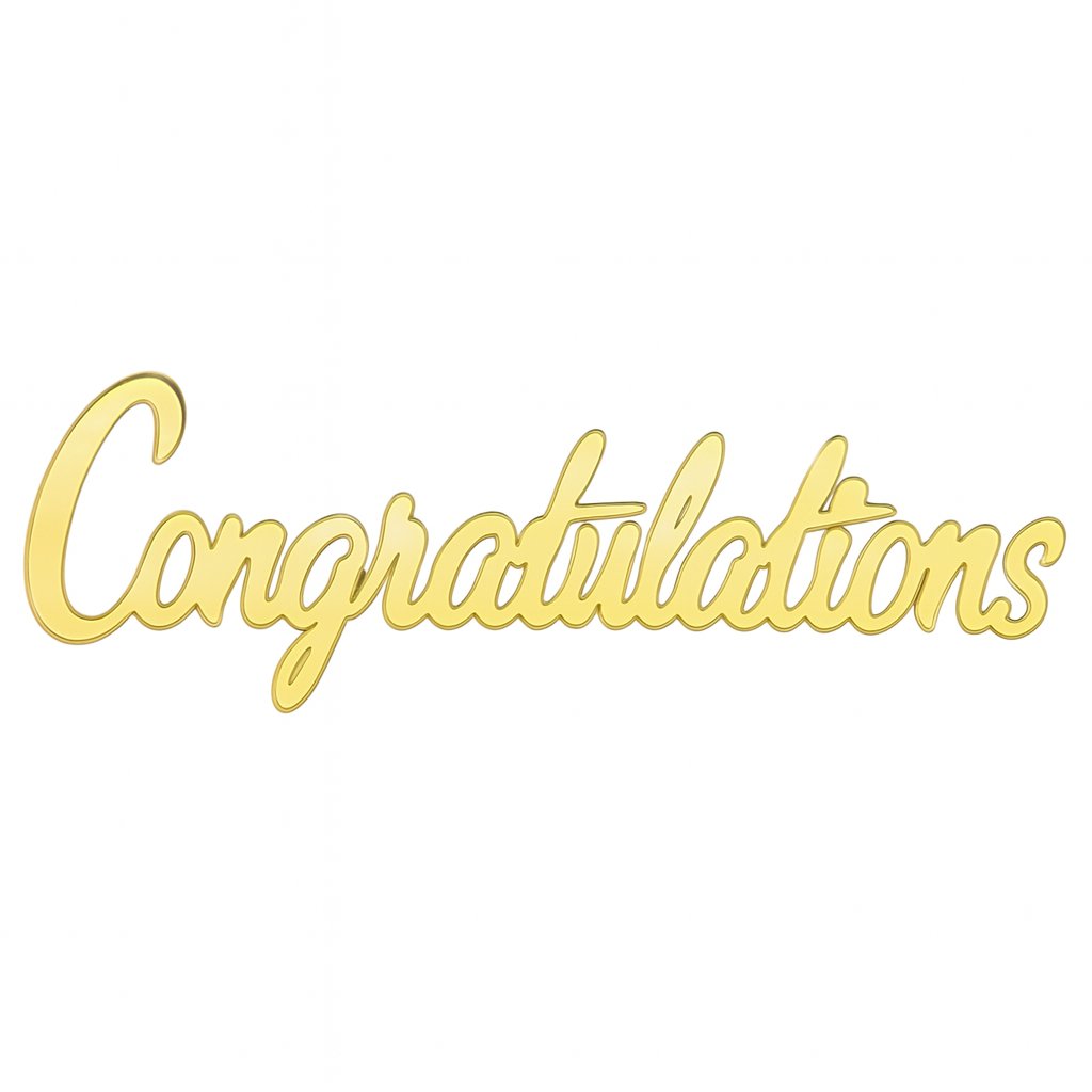 Gold acrylic cake topper with the word “Congratulations” in smooth script font, ideal for baby shower, graduation, and celebration cakes