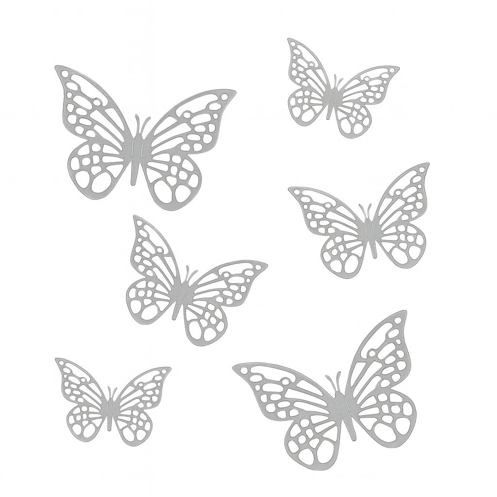 Set of six silver mirror cut-out butterfly cake decorations in three sizes, perfect for elegant and modern cake styling