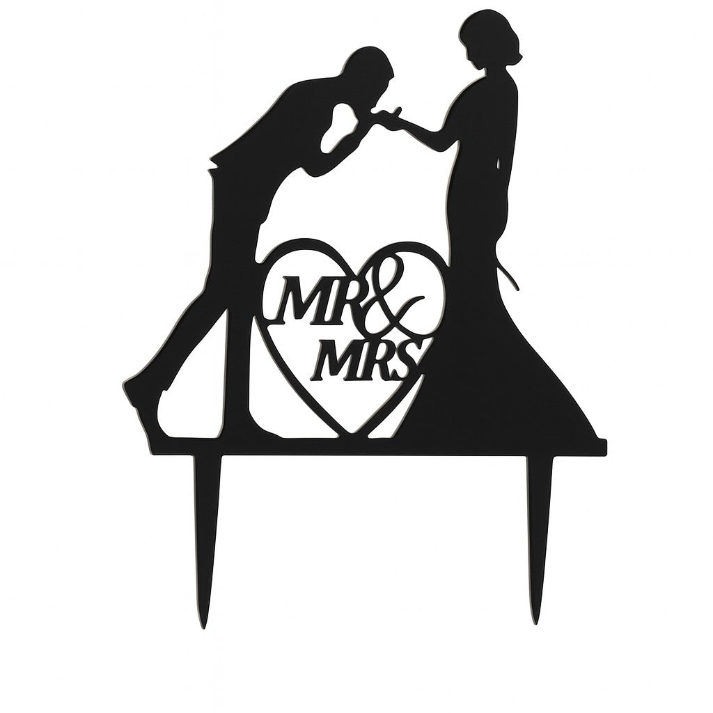 Black “Mr & Mrs” wedding cake topper with heart and hand-kiss silhouette design