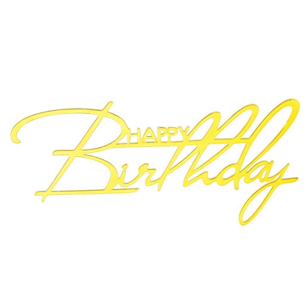 Gold acrylic "Happy Birthday" cake topper in long handwritten script style