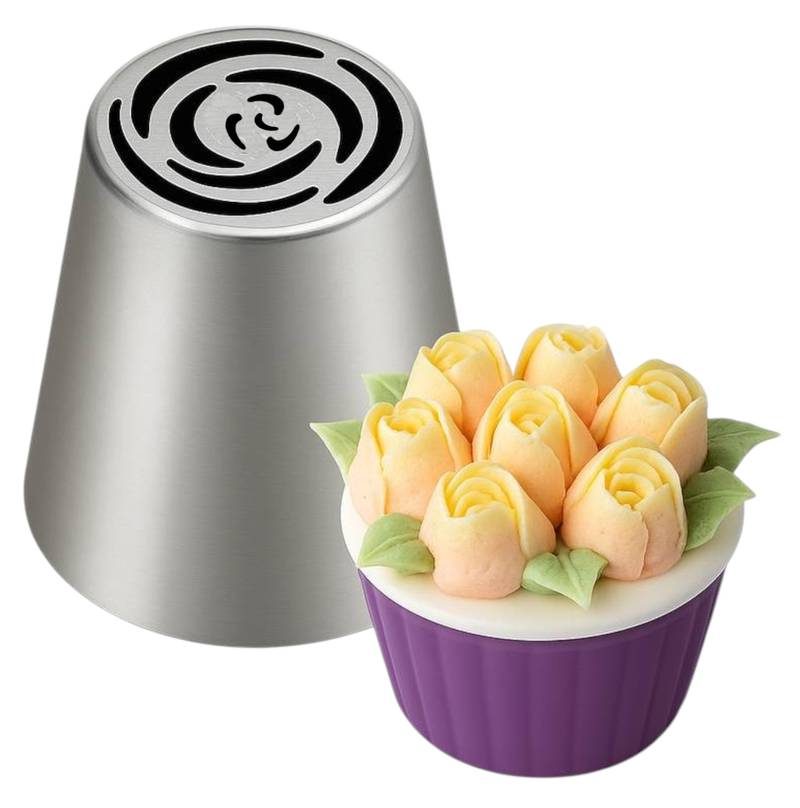 Stainless steel Russian piping tip with a cupcake decorated in pale rose-like buttercream flowers.