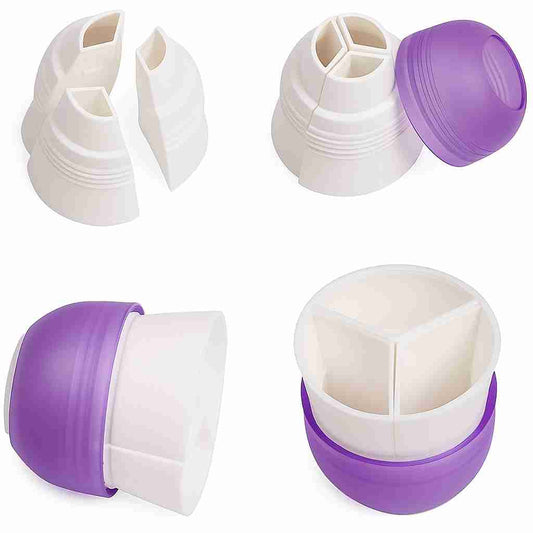 A digital photograph features a three-way piping bag coupler with purple and white components, designed to connect three icing bags to one nozzle.