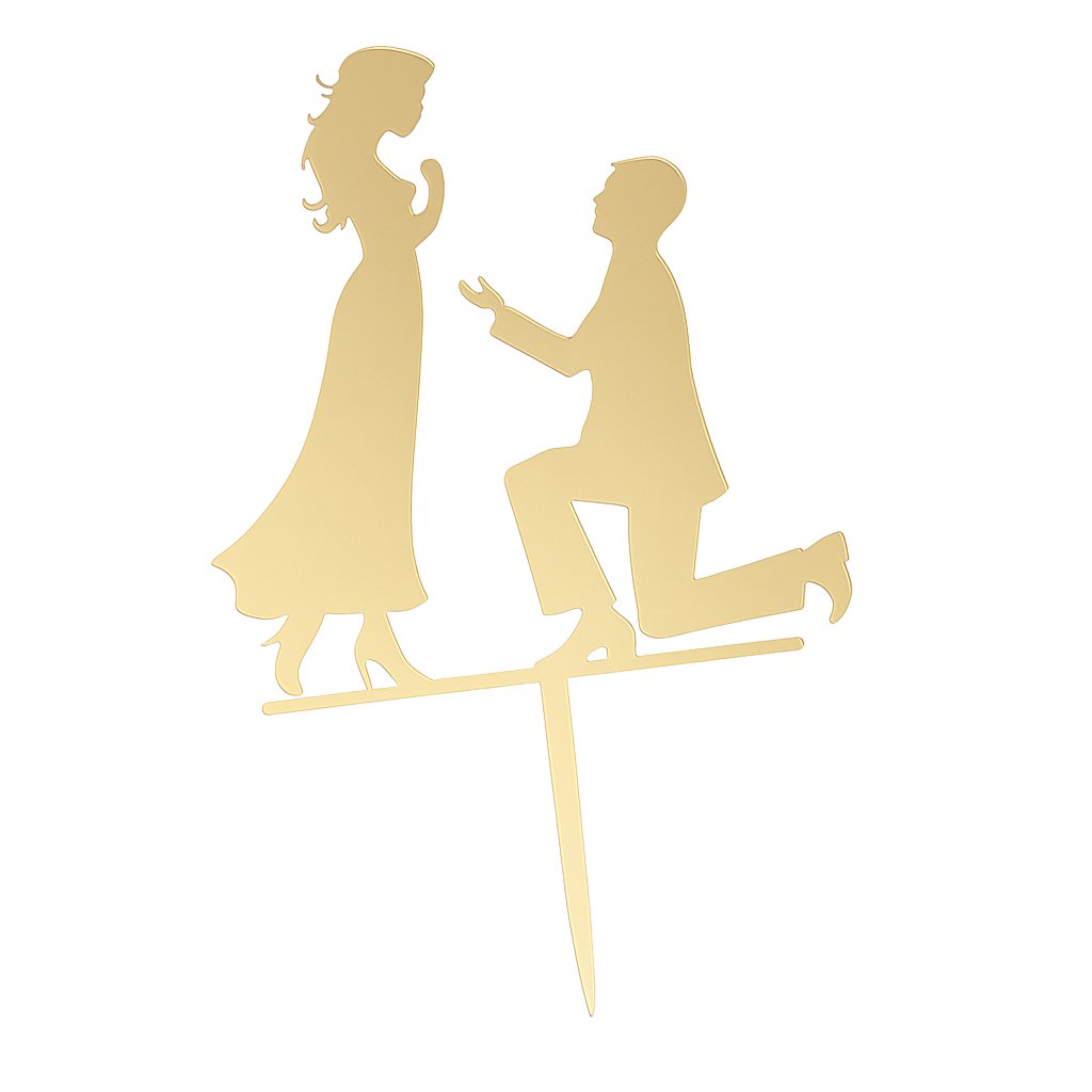 Gold acrylic cake topper showing groom kneeling in proposal pose in front of bride