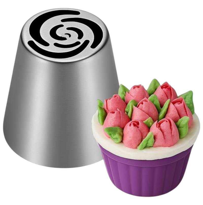 Russian piping tip with a cupcake topped with vibrant pink rosebud-style buttercream flowers.