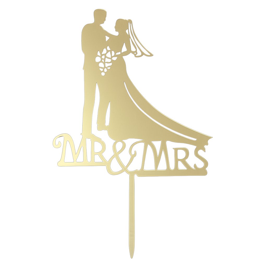 Gold acrylic cake topper with bride and groom silhouette and large “Mr & Mrs” text