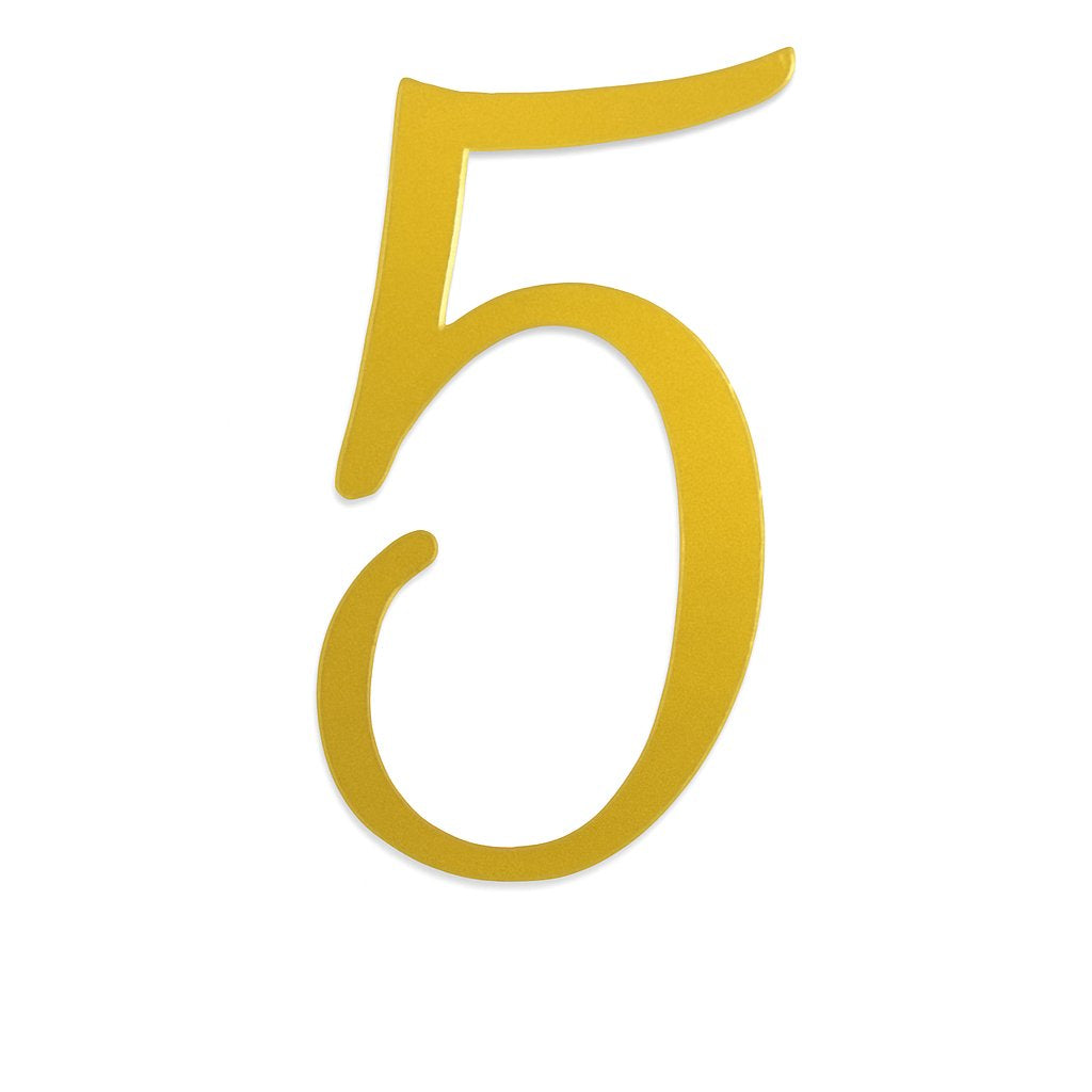 Gold mirror acrylic cake topper shaped like the number 5