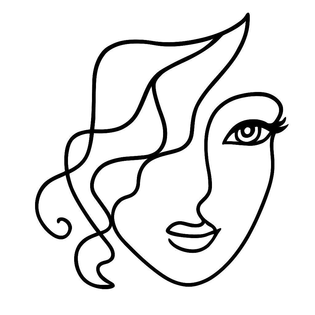 Black acrylic cake topper of a lady's face with curly hair in minimalist line art style
