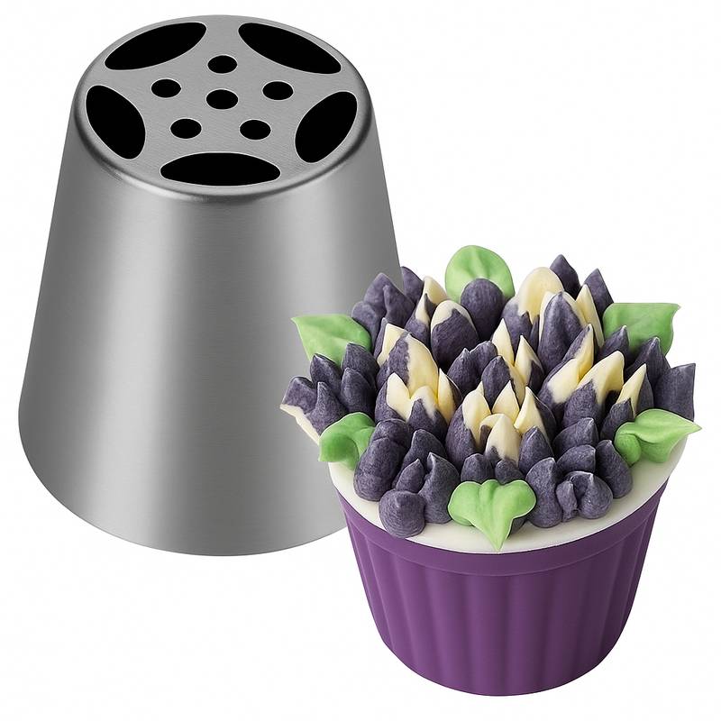 Stainless steel Russian piping tip with a cupcake topped with purple and cream tulip-style buttercream flowers and green leaves.