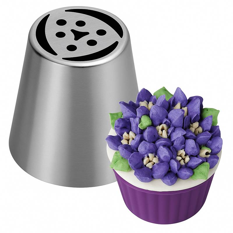 Stainless steel Russian piping tip with a cupcake topped with purple violet-style buttercream flowers and green leaves