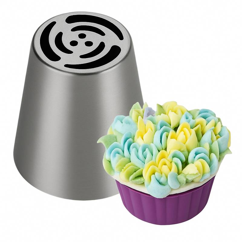 Stainless steel Russian piping tip with a cupcake decorated with multicoloured camellia-style buttercream flowers in yellow, mint and blue.