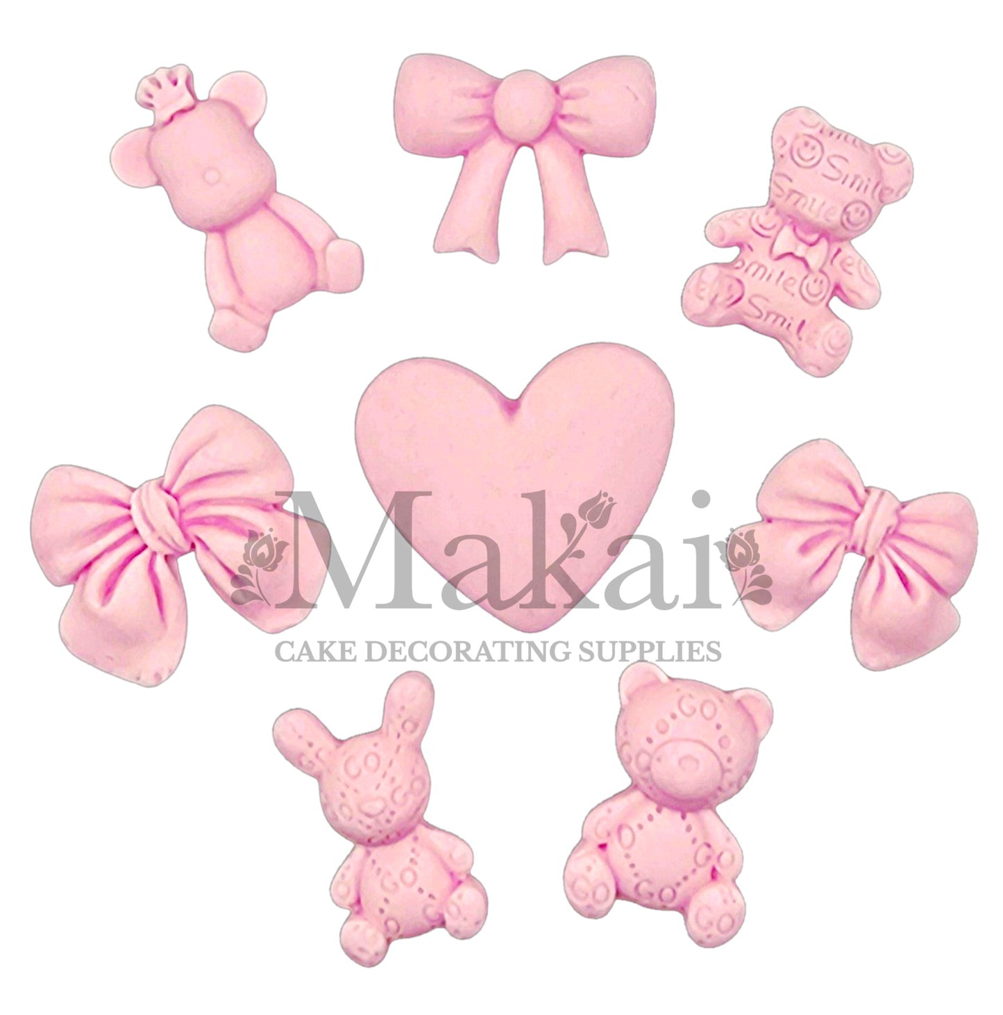 Edible pink baby girl cake toppers including teddy bears, bows, heart and bunny—perfect for baby showers and girl birthday cakes.