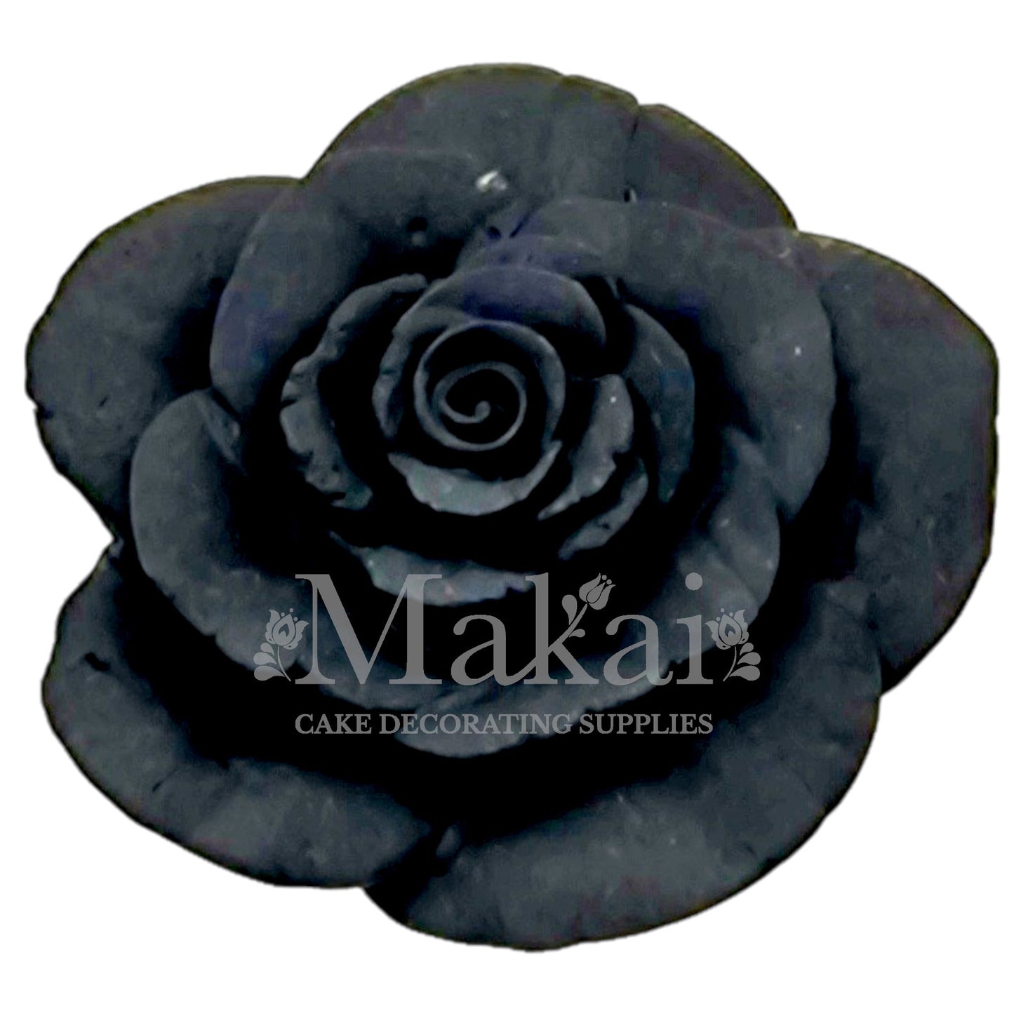 Large black fondant rose flower topper for gothic wedding and Halloween cakes.
