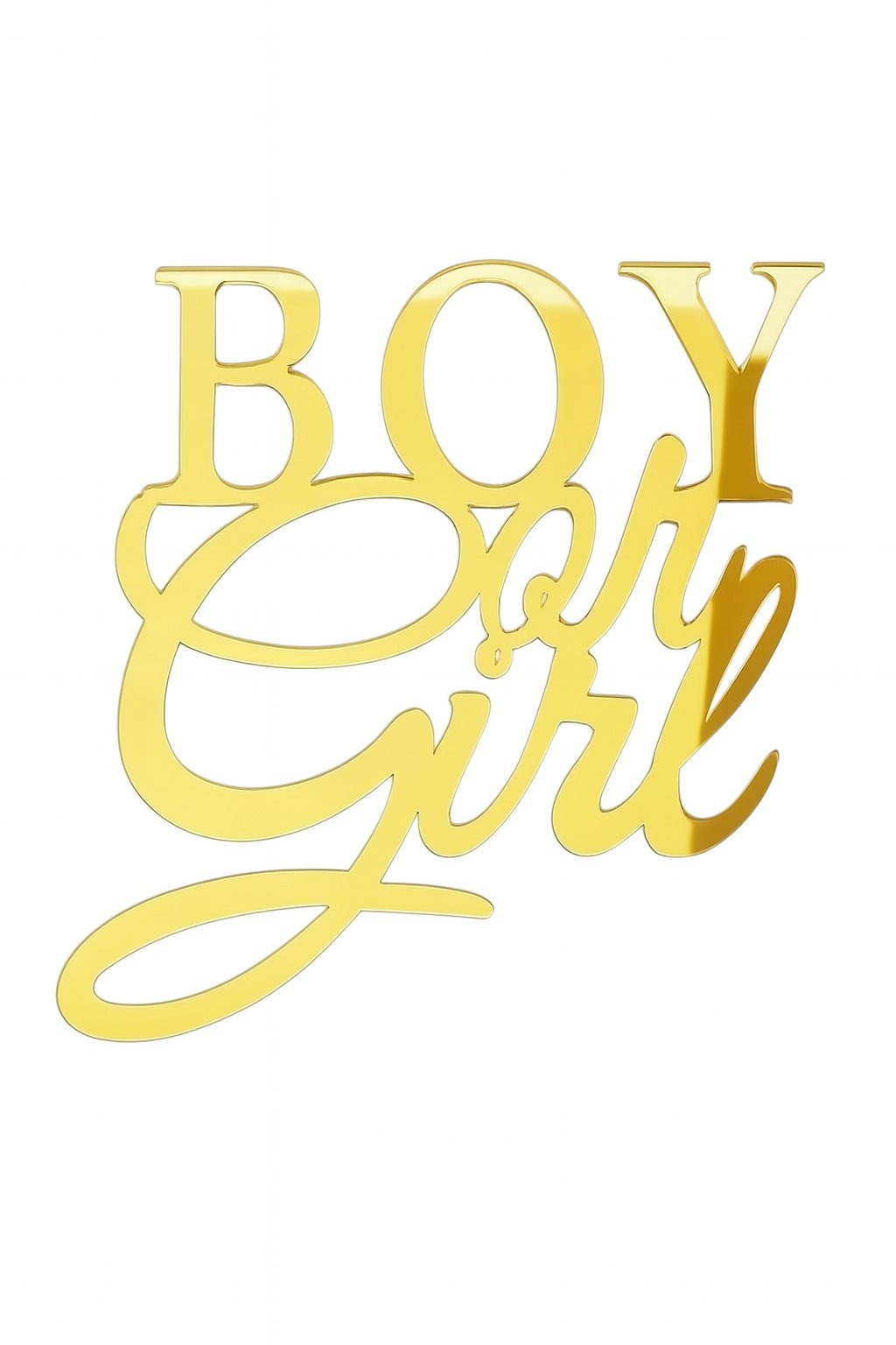 Gold acrylic cake topper with “Boy or Girl” text