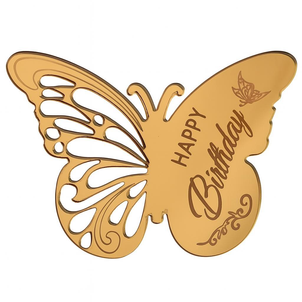 Brown mirror acrylic butterfly-shaped cake topper with “Happy Birthday” engraved message and cutout wing design